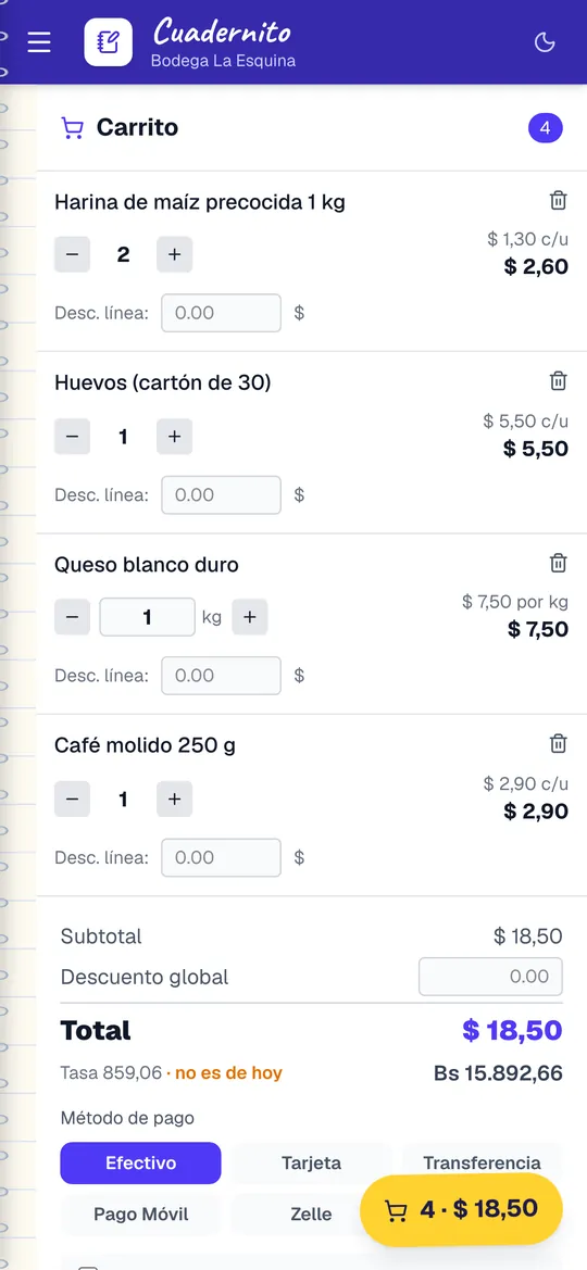 Punto de venta de Cuadernito en el celular