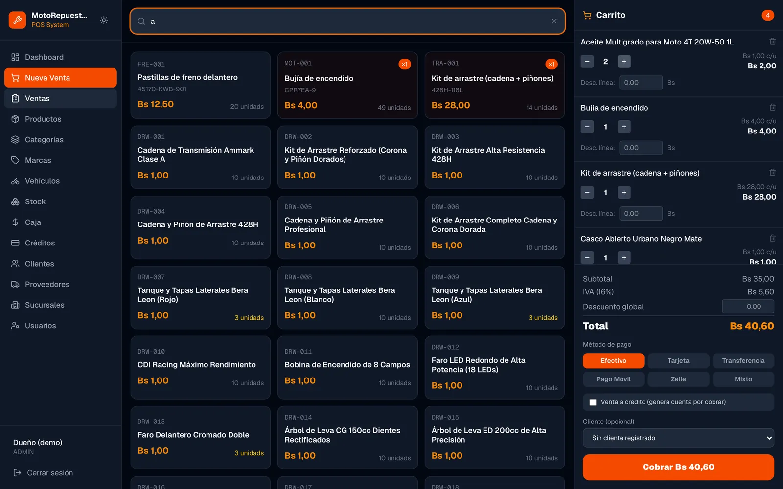 Punto de venta de MotoRepuestos con repuestos y carrito